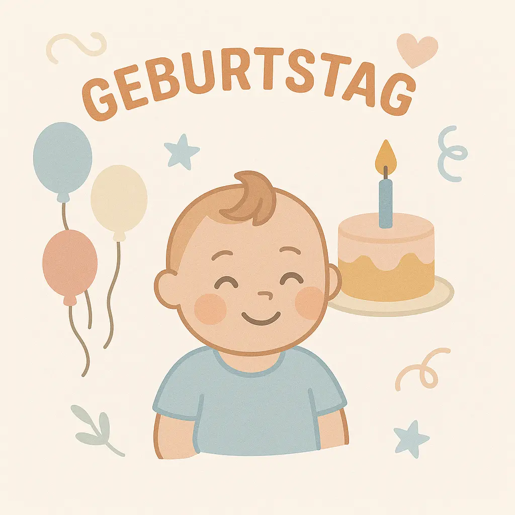 Kind Geburtstag mit Kuchen und Kerze und Ballons
