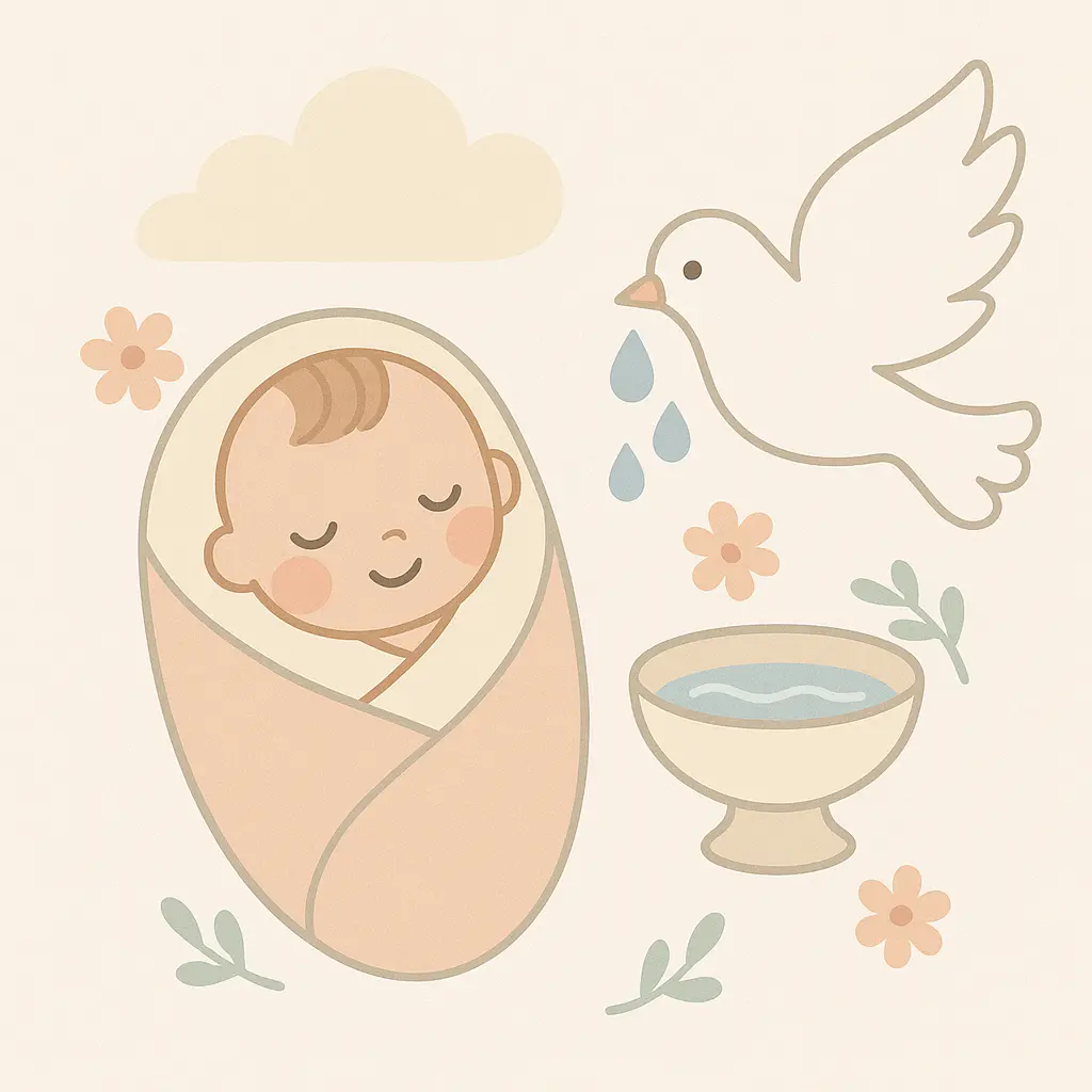Baby mit Taube und Taufbecken